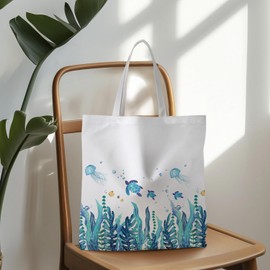 ignytiger Beach Tote Bag, Watercolor Sea Turtle Jellyfish Seaweed Canvas Tote Bags for Women, Gifts for a Beach Lover, Under the Sea Decor Reusable Grocery Shopping Bags