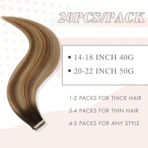 YDDM Tape-In Real Hair Extensions, 20 Pieces, 55 cm, 50 g, Chestnut Brown to Light Brown with Light Blonde, Invisible Tape Extensions, Real Hair Extensions (22 Inches, 2/6/18#)