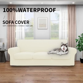 Easy-Going 100% Dual Waterproof 4 Pieces Oversized Cover Stretch Soft Couch Cover for Dogs, Sofa Slipcover for 3 Separate Cushion Couch Leakproof Furniture Protector for Kids, Pets Ivory