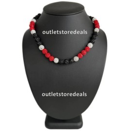 Power Energy Sports Crystal CZ Disco Ball Polly Bling Shamballa Beaded Baseball Necklace Red Black - 22" inches