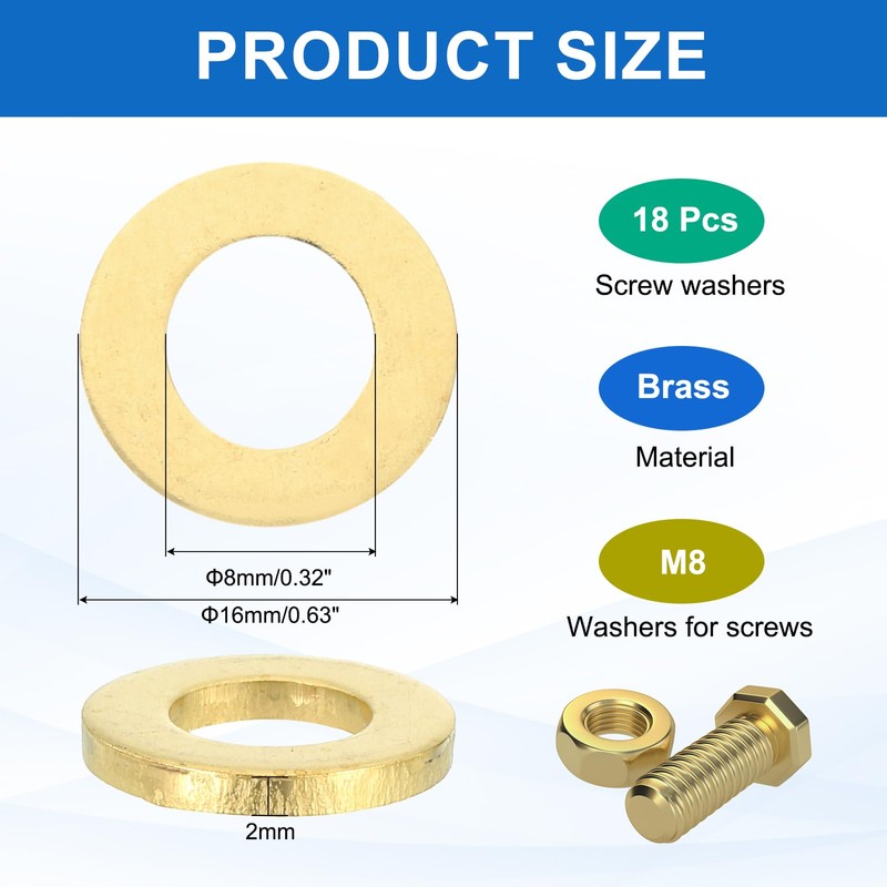 sourcing map 18 Pack Brass Flat Washer, M8 Copper Washers