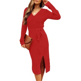 MEROKEETY Women's Long Sleeve V Neck Cable Knit Belted Bodycon Slit Sweater Dress for Party,Red,M