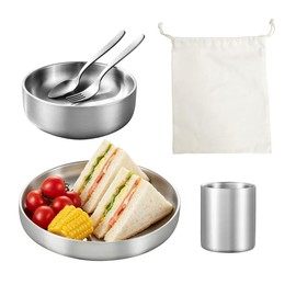 6-Piece Kids Dinnerware Set, Non-Toxic Food-Grade Stainless Steel Plates and Bowls, Drinking Mug, Spoon, Fork & Carry Bag, Insulated, Unbreakable, Dishwasher Safe for Home, School & Picnic
