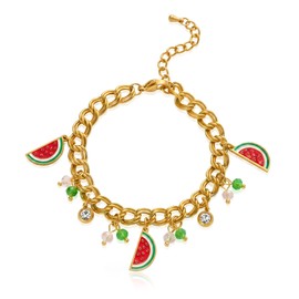 RINHOO FRIENDSHIP Cute Fruit Vegetable Pendant Bracelet for Women Pineapple Watermelon Chili Eggplant Corn Charm Chain Adjustable 18K Gold Plated Stainless Steel Summer Beach Jewelry (Watermelon)