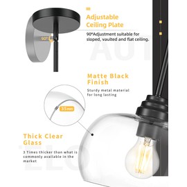 AUTELO Black Pendant Lights Kitchen Island, 1-Light Pendant Lights in Black Finish with Clear Glass, Modern Pendant Light Fixtures, Hanging Lamp for Kitchen Island H9385 BK-R