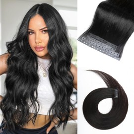 Remy Human Hair Extension Micro Ring PU Hair Extensions Invisible Beaded Weft Hair Extensions Human Hair Tape in Weft in Hair Extension Human Hair for Women Natural Black (30g 4Pcs,14 Inch)