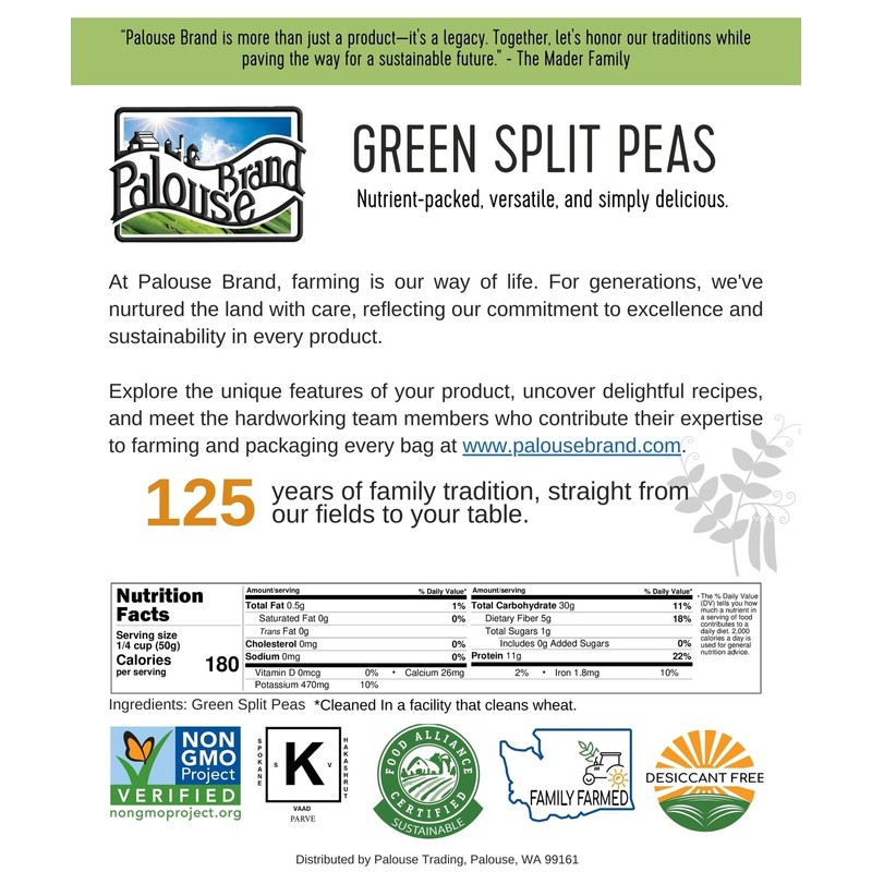 Palouse Brand Green Split Peas 3 lbs Drawstring Bag