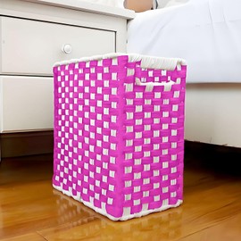 Fozxsvg Woven Garbage Can with Handles, Lined Waste Basket for Bedroom, Cute Trash Can, Decorative Trash Bin for Bedroom, Bathroom, Kitchen, Living Room, Office, Dormitory (Pink)