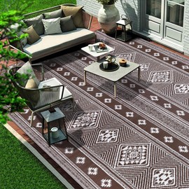 Outdoor Rug 9x18 for Patio Waterproof Patio Rugs Outdoor Mats for Front Porch,Beach Mat,Reversible Plastic Camping Rugs,Camper Rugs for Outside,RV,Deck,Balcony,Backyard,Boho Brown