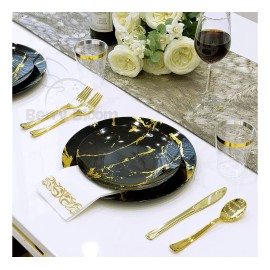Berry Bloom Vajilla Elegante Reutilizable Color Negro con Dorado de 175 piezas 50 Platos 25 Cucharas Oro 25 Tenedores Oro 25 Cuchillos Oro 25 Vasos 25 Servilletas de Papel para 25 Invitados