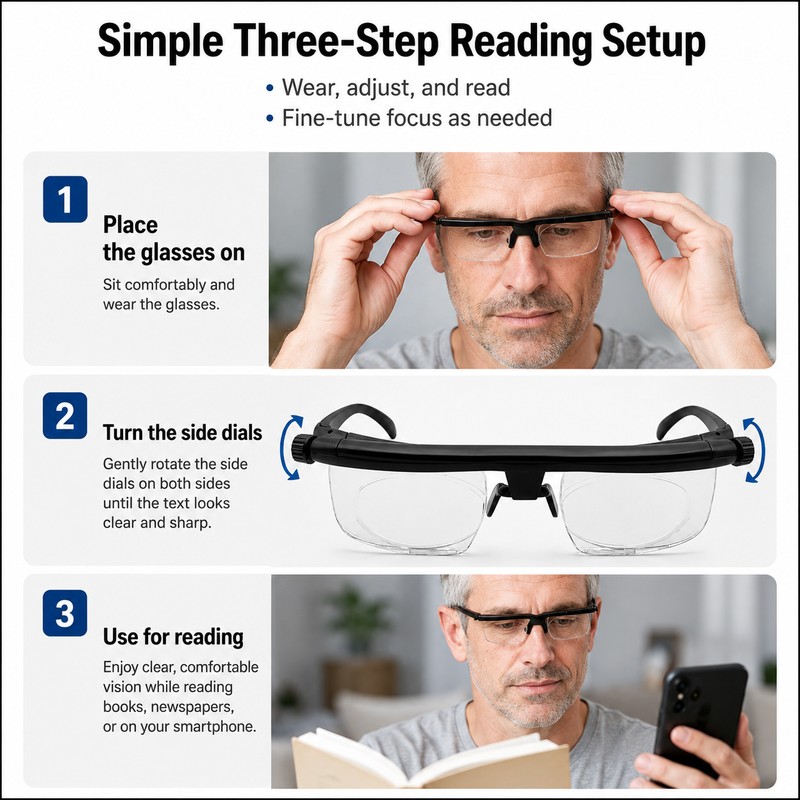 Adjustable Reading Glasses with Variable Focus Lens – +3D to