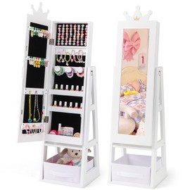 CHARMAID Kids Mirror Jewelry Cabinet - 45.5'' Standing Jewelry Armoire with Full Length Mirror, Storage Drawer and Back Shelf, Kids Jewelry Organizer Box Vanity Dressing Mirror for Girls (White)
