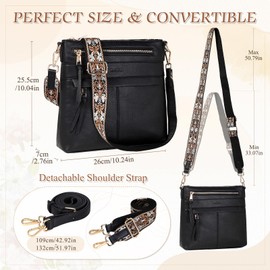 RAVUO Crossbody Bags for Women, Vegan Leather Shoulder Bag Ladies Hobo Handbag with 2 Detachable Straps Black