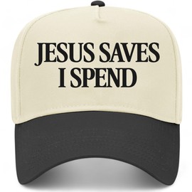 Jesus Saves I Spend Vintage Trucker Hat | Premium Snapback Baseball Hat for Men & Women (US, Alpha, One Size, Black/Natural)