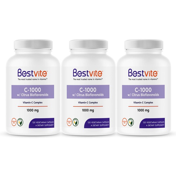 BESTVITE Vitamin C 1000mg (360 Vegetarian Capsules) (120 x 3) with Citrus Bioflavinoids - No Stearates - Vegan - Non GMO - Gluten Free