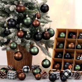 Lunmon 64 Pcs Neutral Christmas Ball Ornaments Bulk Matt Glitter Check Brown Green Black Xmas Bulbs Ornaments 1.6/1.97/2.4 Inch Modern Christmas Decorations for Tree Holiday Indoor Wreath Home Decor
