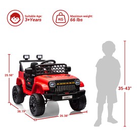 12V Ride On Car for Kids Electric Vehicle Toddles Battery Powered Truck Car Toy with Remote Control, 4-Wheel Suspension, Battery Display, LED Lights, Music, for Boys Girls, Red