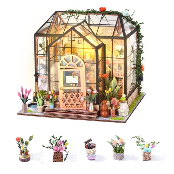 INSGEN DIY Miniature Dollhouse Greenhouse Building Room Kit, Wooden Diorama Book Nook House Kits Build Crafts for Adults, Mini Street Tiny Library House Making Kit 1:24 Scale