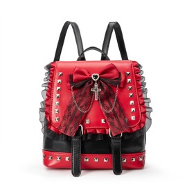 Studded Gothic Lace Bow Backpacks with Cross Charm,Rivet Mini Backpack for Women (Red and Black)