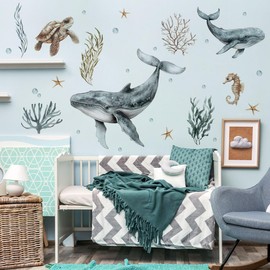 Under The Sea Whale Wall Stickers，Watercolor Whale Sea Turtles Ocean Bubbles Wall Decal，Ocean Animals Art Decals，Baby Nursery Kids Boy Girls Room Bedroom Bathroom Daycare Playroom Classroom Decor