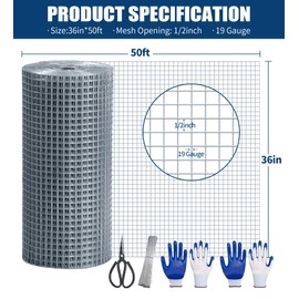 Hardware Cloth 1/2 Inch 36 in x 50 ft 19 Gauge, Hot Dip Galvanized Wire Mesh Rolls Welded Chicken Wire Fencing for Chicken Coop Barrier, Poultry Netting Cage Wire Fence(1/2 inch 36''× 50')