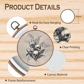 Tzhim Gothic Skeleton Lily of the Valley Round Wall Art, Dark Academia Moody Skull Round Wall Decor Framed, Cottagecore Floral Canvas Walls Sculptures for Home Bedroom Living Room Decor, 10x10 Inch