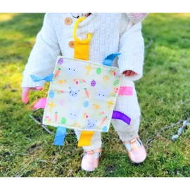 Baby Jack & Co 8 x 8” Easter Lovey Tag Baby Toys - Crinkle Toys Baby Essentials, Easter Gifts for Kids, Soft & Safe, Learn Shapes & Colors, Easter Basket Stuffers for Babies - BPA Free W/Stroller Clip