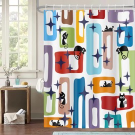 Mid Century Modern Shower Curtain Blue Orange 1960’s Colorful Geometric Abstract Funny Cats Stars Iconic Atomic Bathroom Decor Starbursts Diamond Shower Curtains with Hooks,72''x72''