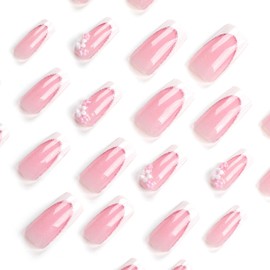 24Pcs White French Tip Press on Nails Long Coffin Nails 3D Pink Flower Design Acrylic Nails Glossy Square Glue on Nails Reusable Full Cover Stick on Nails for Women DIY Decoration Manicure