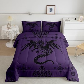Feelyou Dragon Bedding Set Kids Boys Teens Gothic Damask Paisley Floral Comforter Set Full Size Women Bohemian Exotic Duvet Insert Animal Theme Room Decor,Purple Black