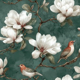 IOHEFY Magnolia Wallpaper Peel and Stick 17.7" x 118.1" Bird and Flower Wall Mural Removable Self Adhesive Vinyl Contact Paper for Bedroom Tea Room Oriental Vintage Decor