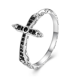 925 Sterling Silver Cross Ring for Women - Black Cubic Zirconia Christian Faith Ring - Birthday Mother's Day Jewelry Gift
