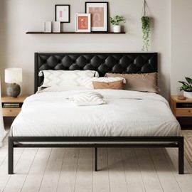 MUTICOR Stylish King Size Bed Frame with Faux Leather Upholstered Button Tufted Headboard, Sturdy Metal Slats, 12.4" Under Bed Storage,No Box Spring Needed, Easy Assembly,Black