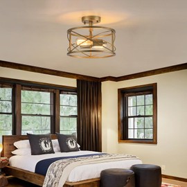 Brushed Gold Semi Flush Ceiling Light Fixture, 2-Light Farmhouse Flush Mount Light Fixture, Modern Industrial Metal Cage Pendant Lighting for Hallway, Bedroom, Kitchen, Foyer, Living Room, Dining Room