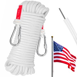 Aemygo 5/16 Inch Wire Center Flagpole Rope, 100 ft White Polyester Flagpole Halyard Rope with Snap Hooks, Solid Braided Flag Line with Steel Center