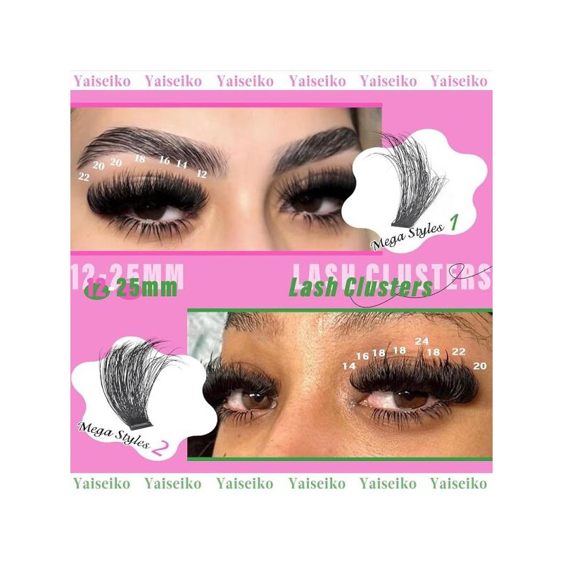 Yai Lash 클러스터 100D+200D 두꺼운 속눈썹 12-25mm Wispy 개별 메가