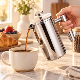 350mL Double-Wall 304 Stainless Steel French Press Coffee Maker with Fine Mesh Filter and Cool-Touch Handle