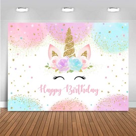 Happy Birthday Backdrop Banner Unicorn Birthday Party Backdrop, Pastel Rainbow Design with Glitter Stars, Birthday Party Photo Photography Prop Booth Background for Girls (150 * 100CM)