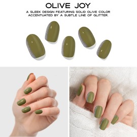 Adora Couture Semi Cured Gel Nail Strips | 20pcs Glossy Olive Green Moss Sage Glitter Gel Nail Sticker | Gel Nail Stickers with UV Light Required (Olive Joy)