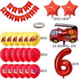 Kiwochy Fire Brigade Birthday Decoration 6 Years Boy Children's Birthday Fire Engine Balloons Decoration Boy Birthday Decoration Fire Brigade Decoration Fire Party Balloons Fireman Children's Birthday