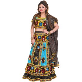 Exotic India Black and Blue Lehenga Choli from Jodhpur with Embroidered Flowers and Printed Polka Dots