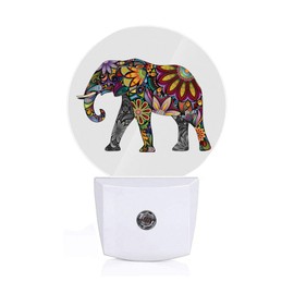 Axayaz Elephant LED Night Light Wild Animal Cheerful Paisley Flower Trunk Ivory Ear Wildlife Dusk to Dawn Round Lamp Auto Sensor for Bathroom Hallway Living Room