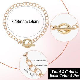 SUNNYCLUE 1 Box 12Pcs Toggle Clasp Link Bracelets Toggle Chain Bracelet Bulk Metal Alloy Gold Silver Round OT Lobster Clasps Bangle Chains for Jewellery Making DIY Findings Crafts Supplies Women Adult