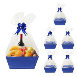 Worown 6 Pack Blue Basket for Gifts Empty, Cardboard Gift Basket Kit, Kraft Basket with bags, Navy Pull Bows for Packing Gift on Easter, Christmas, Birthday, Wedding