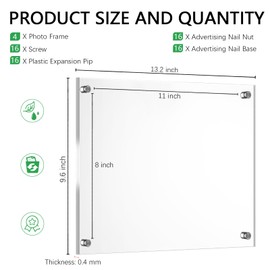 Yalikop 4 Pcs Acrylic Floating Picture Frame 8.5 x 11 Inches Wall Mount Frameless Photo Frames Double Panel Clear for Home Office Photo Display, Full Size 9.6 x 13.2 Inch (Silver)