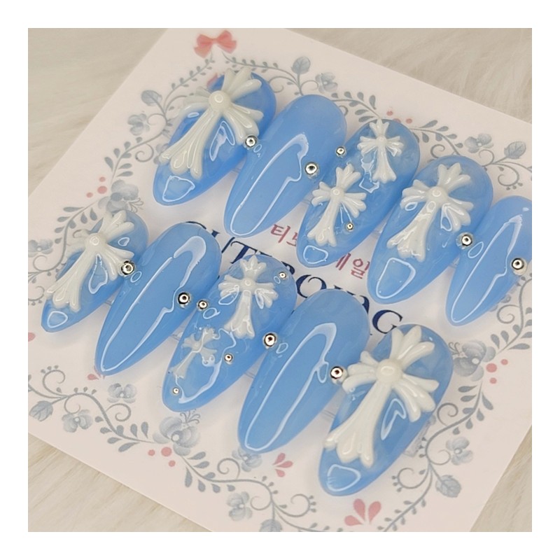 Blue Serenity Cross Handmade Nail Tips - Ballerina / 블루