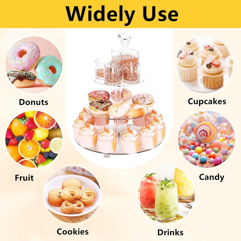 3 Layer Acrylic Round Clear Cupcake Stand for Birthday, Anniversary,