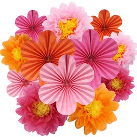 BestoFun Set of 12 Paper Flower Fans & Paper Flowers Pompoms Pink Orange Hanging Garland Decoration for Wedding Birthday Party Garden Party Table Decoration