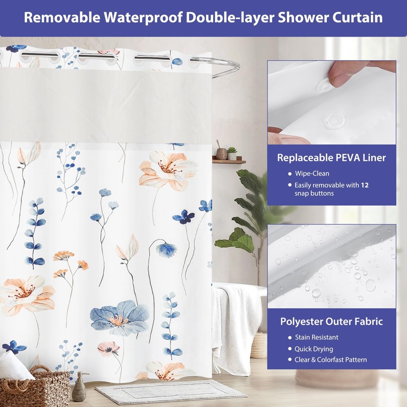 No Hook Floral Shower Curtain with Snap in Liner, Double