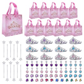 FREEBLOSS 84 Pcs Princess Party Favors Include Gift Bags, Star Wands, Crowns and Tiaras, Rings and Ear Clips for Girls Gifts